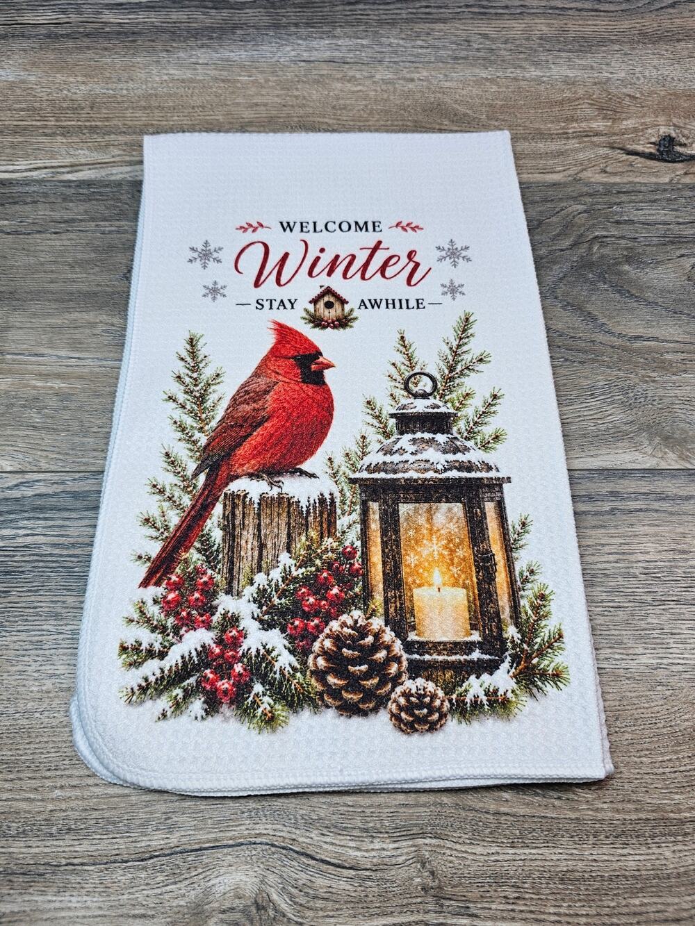 Welcome Winter Cardinal Kitchen Towel Rustic Farmhouse Bird & Lantern Decor